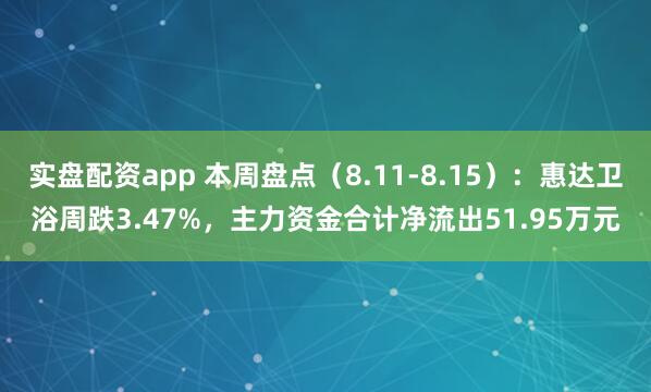 实盘配资app 本周盘点（8.11-8.15）：惠达卫浴周跌3.47%，主力资金合计净流出51.95万元
